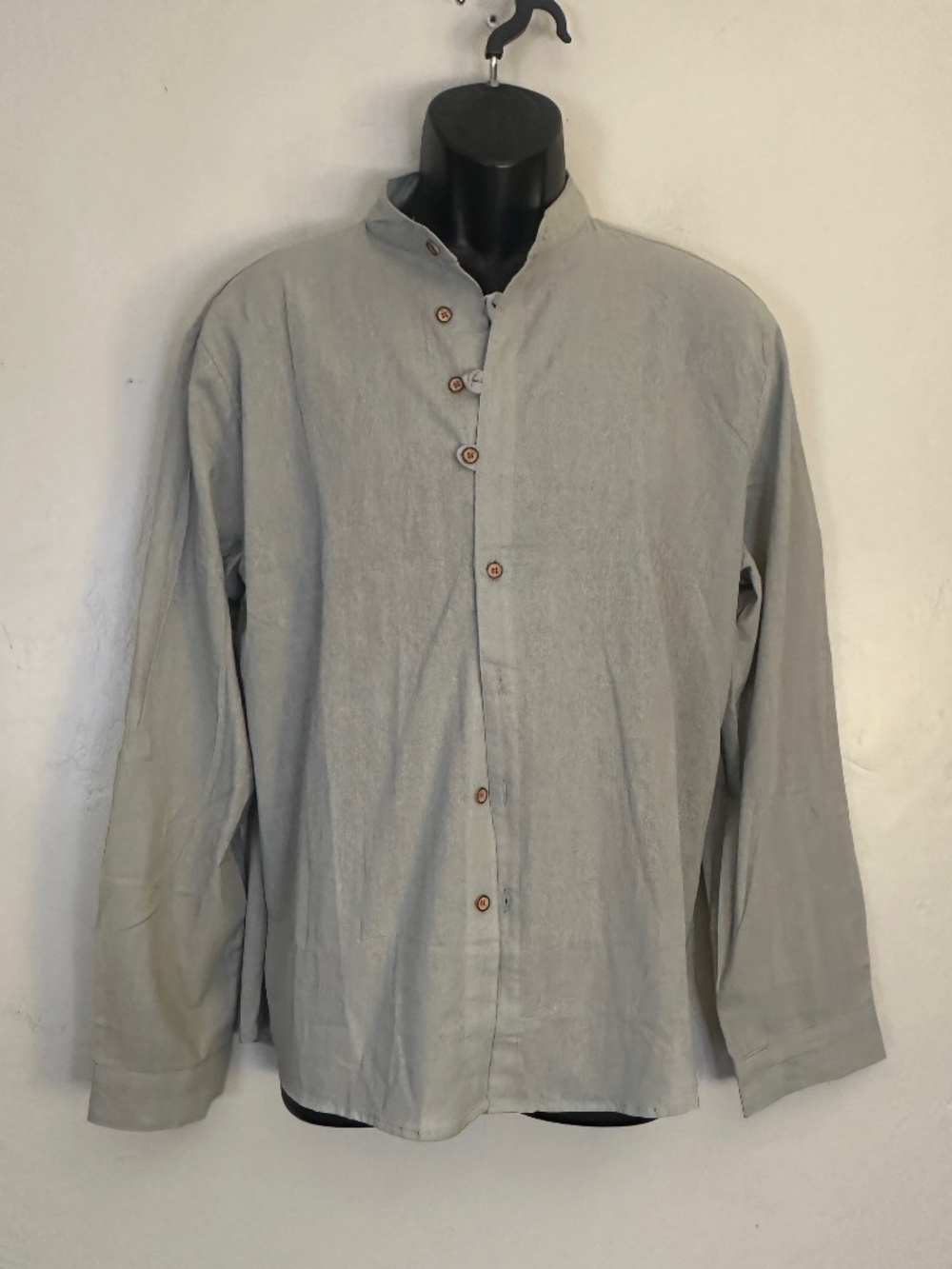 Linen Band Collar Long Sleeve Shirt 22.5" armpit to armpit 24.5" shoulder to cuf